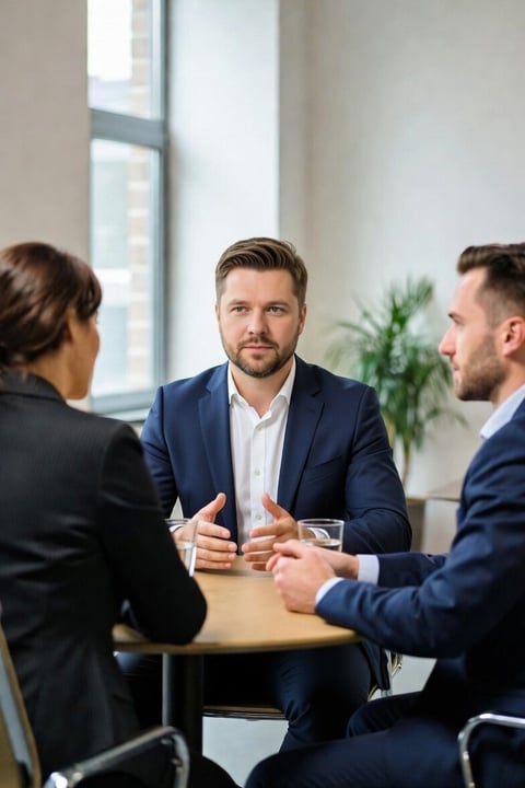 Drei Personen im Gespräch an einem runden Besprechungstisch (mit KI erstellt)
