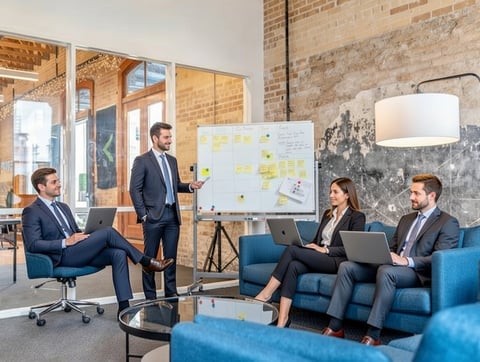 Vier Personen mit Laptops in einem Büro, eine davon am Whiteboard mit Haftnotizen (mit KI erstellt)